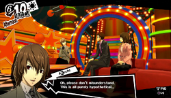 Akechi disapproving the Thieves on a talk show.