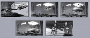 Storyboard concept art of landing sequence.