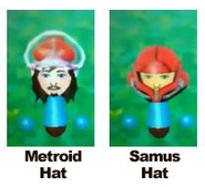 Miis wearing the Metroid Hat and Samus Hat in StreetPass Mii Plaza