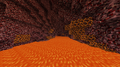 Blocos de magma gerados acima de um lago de lava no Nether.