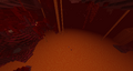 Huge lava lake bordering crimson forest.