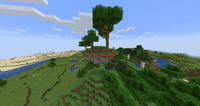 A floating island in a forest biome with a few trees growing on it.