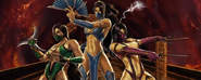 Jade with her Triblade, along with Kitana and Mileena.