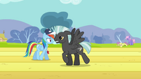 "Let's see some faster trotting, Thunderlane!"