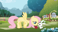 Fluttershy sharing kindness (and an apple) with her bunny friend, Angel, from the opening credits.