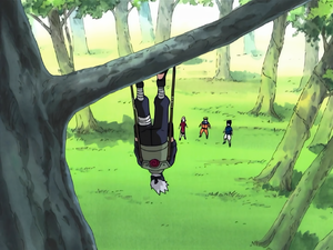 Kakashi showing his team members the Tree Climbing Practice.