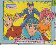 Roger, Elliot and Claris running away from Officer Oswald.