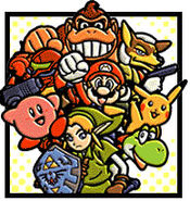 Super Smash Bros. with Donkey Kong, Samus Aran, Kirby, Mario, Pikachu, Link, and Yoshi.