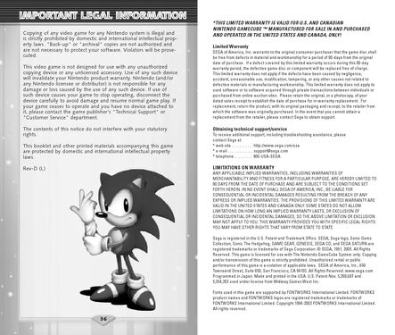 Sonic Gems Collection Manual page 36 and warranty information.