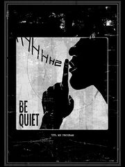 The image shows a silhouette of someone with their index finger to their lips, with SHHH text leaving their lips backwards. There is small text at the bottom: 1959