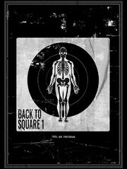 The image shows a standing person with a black skeleton in front of a black target symbol with the text BACK TO SQUARE 1 and 1959 MK PROGRAM