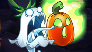 Ghost Pepper and Jack O' Lantern scaring zombies in the trailer