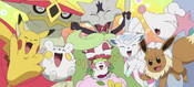 Snowy with her friends, Tsareena, Shaymin, Togedemaru, Pikachu, Turtonator, Marowak, Primarina and Sandy