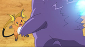 Gengar overpowering Raichu and defeating Raichu in a instance.