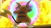 Raichu using Reflect to block Pikachu's Iron Tail.