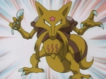 Kadabra is Sabrina's main Pokémon and shares a close psychic bond with her. It was first seen as an Abra but quickly evolved while battling Pikachu. It then overwhelmed Pikachu with its Psychic attacks. It was then seen again in "Haunter vs Kadabra" where its Psychic bond with Sabrina was used against it as Sabrina was laughing uncontrollably so was Kadabra, leaving Kadabra unable to battle, giving Ash the win.