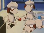 These Smeargle each have a different color tail (one is the normal color, another is blue and the other is orange. These Smeargle are the ones that paint Jack's art. These pokémon have been stolen by Team Rocket but Ash and the gang managed to get them back.