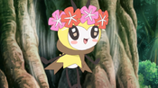 A wild Ribombee likes its flower crown