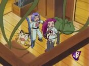 Ash and May's Bulbasaur use Vine Whip to distract Team Rocket