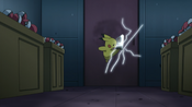 Pikachu uses Iron Tail on the door