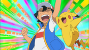 Ash and Pikachu celebrate their victory.