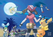 Artwork of May and Wally encountering Jirachi