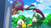 Serena tackles Pumpkaboo, saving Pikachu and Pancham