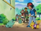 Ash greets his Bulbasaur, who came back