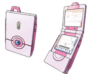 Artwork of an opened Johto Pokédex used by female trainers for Pokémon HeartGold Version and Pokémon SoulSilver Version