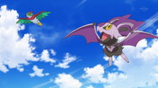 Hawlucha teaches Noibat how to fly in strong winds