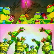 The Turtles (Mutant Turtles: Chōjin Densetsu Hen) using the MutaStones to transform into "SuperMutants."