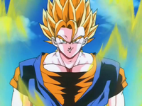 Vegito (Dragon Ball series) manifests his aura.