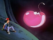 Mew (Pokémon) creating a bouncy bubble out of psychic energy to cushion Ash's impact.