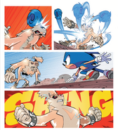 As a Zombot, Tumble (IDW's Sonic the Hedgehog) quickly regenerates his metal body from Sonic's assault.