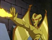 Coldfire (Gargoyles) using the flamethrower in her palm.