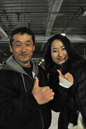 Satomi Hirose poses with Koichi Sakamoto duing the filming of 4 Week Continuous Special Super Sentai Strongest Battle!!