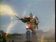 The Thunder Megazord using its Thunder Saber lighting bolt attack.