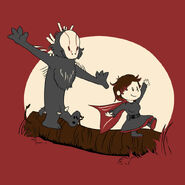 Ruby and a Beowolf on the "Ruby's Adventure" shirt (in the style of Calvin and Hobbes)