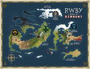 A pixel art map of Remnant, featuring locations of places and kingdoms, from the Official RWBY Twitter