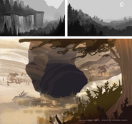 Concept art of the Death Stalker's cave and cliffs overlooking the forest.