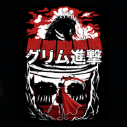 Ruby on the "Advancing Grimm" shirt (in the style of Attack on Titan).