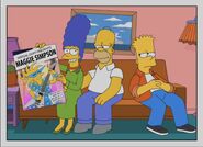 The Simpsons 21 years later. Maggie is 22, Marge is 57, Homer is 60, and Bart is 31. Maggie became a rock star, and Marge is holding an ad for her and her concert. 2032