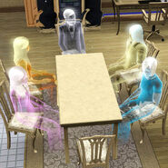 A variety of ghosts enjoying a conversation around a table