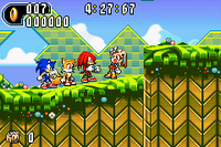 A screenshot from Sonic Team's website,[1] this image showed Cream for the first time. Notice Amy's life has corrupt color palette. Cheese is also not there, and the four characters can only appear on screen in multiplayer mode. Multiple websites would replace the screenshot with one featuring a fixed life icon.