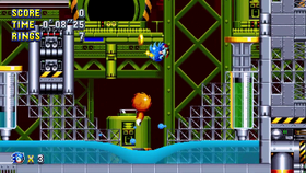 The cyan jelly pool in Chemical Plant Zone Act 2, from Sonic Mania. Spin Jumping to the pool only bounces the player further upwards.