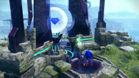 Sonic using the Vault Key to open the blue Chaos Emerald Vault, from Sonic Frontiers