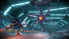 In-game screenshot of Shadow Generations, with Shadow on a past version of the ARK facing Doom's Eye.