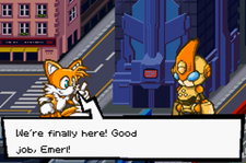 In-game screenshot of a Sonic Battle cutscene, showing Tails and Emerl in Central City