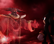 In-game screenshot of the Shadow the Hedgehog CG intro cutscene, with a red thunderous sky in the background. On the left is Black Doom, manifesting in a holographic form, while on the right is Shadow.