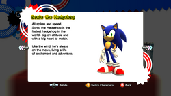 In-game screenshot of Sonic Generations's profile of Sonic. The text reads "All spikes and speed, Sonic the Hedgehog is the fastest hedgehog in the world- big on attitude and with a big heart to match. Like the wind, he's always on the move, living a life of excitement and adventure